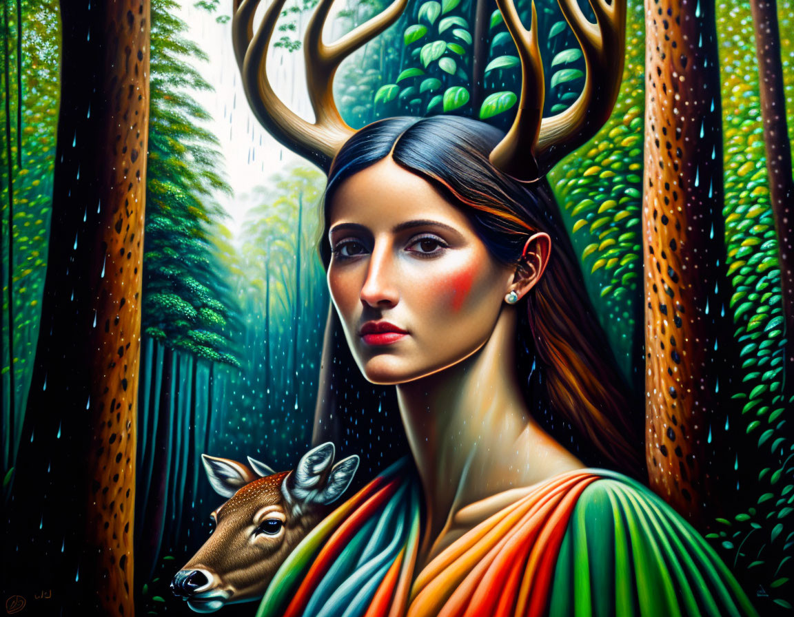 Woman with Antlers Beside Deer in Vibrant Forest