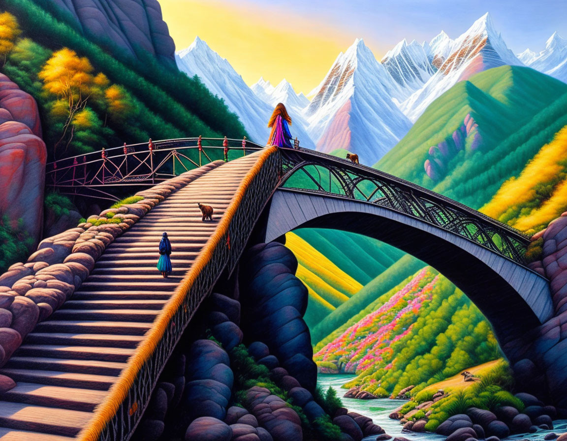 Colorful illustration: People on wooden bridge in whimsical landscape