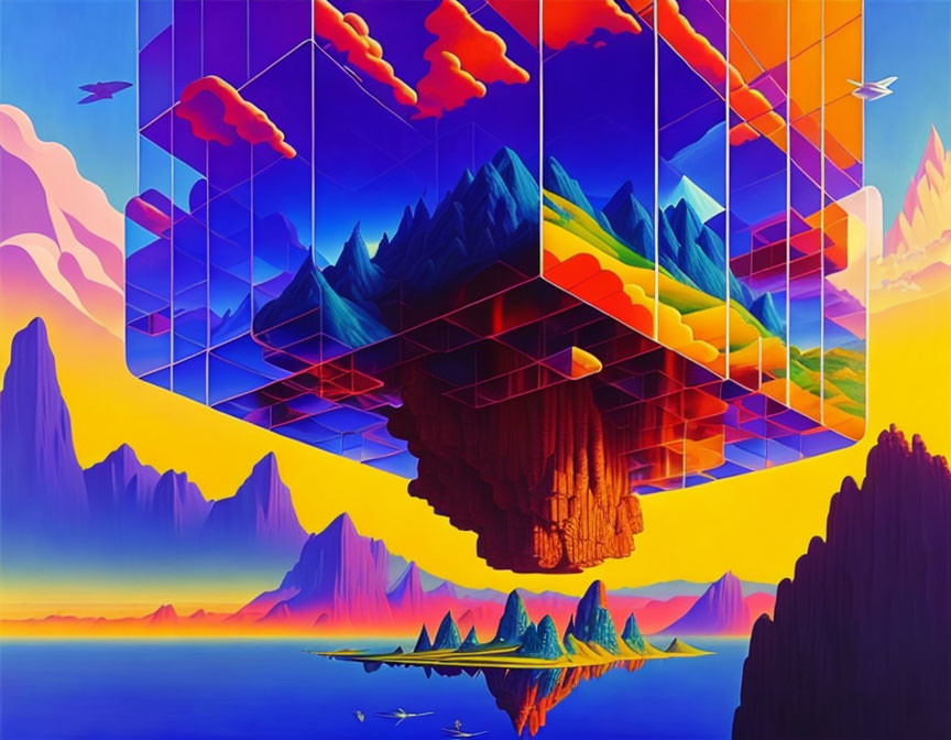 Colorful surreal landscape with geometric shapes and vibrant sunset sky