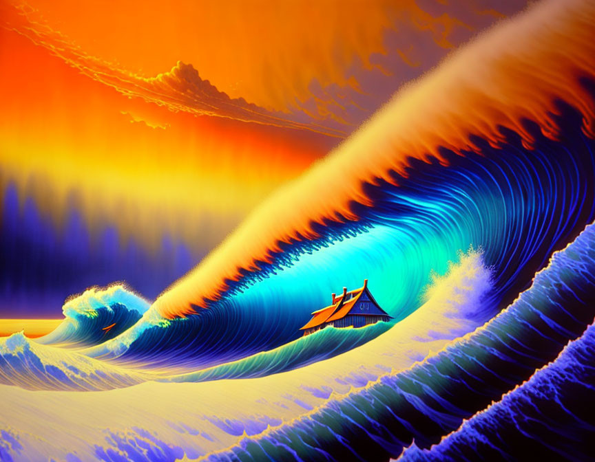 Colorful digital art: Stylized wave with boat at sunset