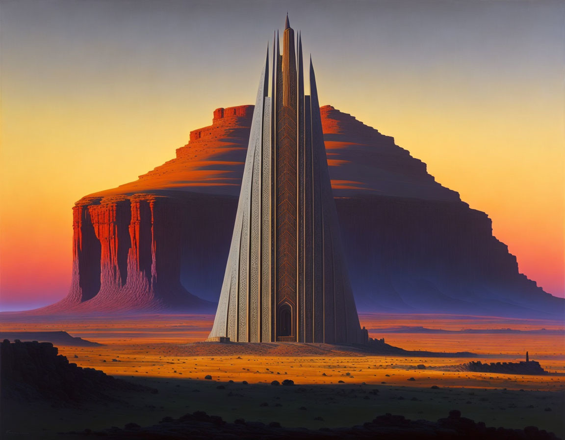 Futuristic spire building in desert sunset with mesas