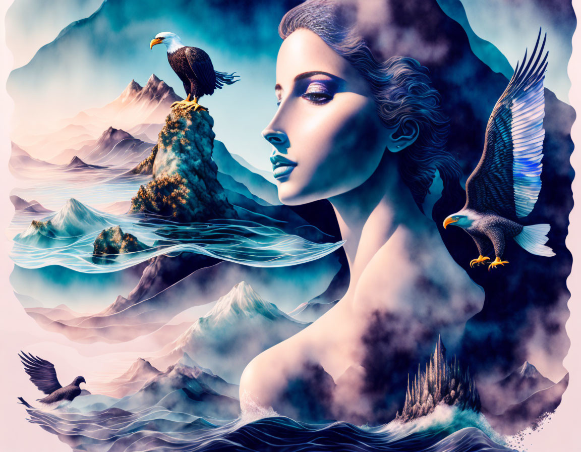 Surreal woman's profile merges with seascape and mountains in artwork.