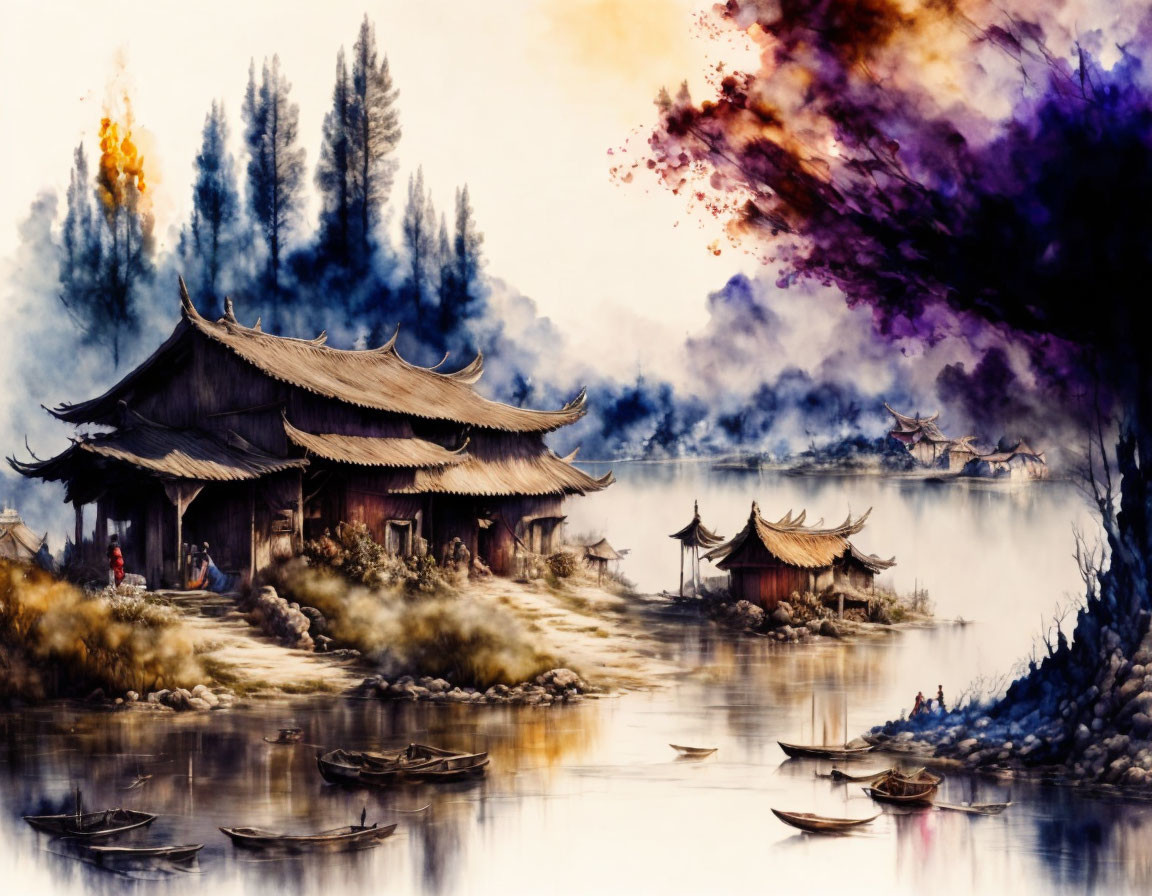 Asian Pagoda Buildings by Water with Boats and Colorful Trees