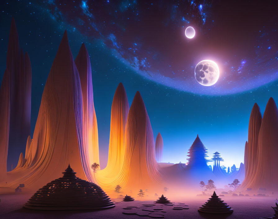 Surreal night landscape with towering rock formations and starry sky