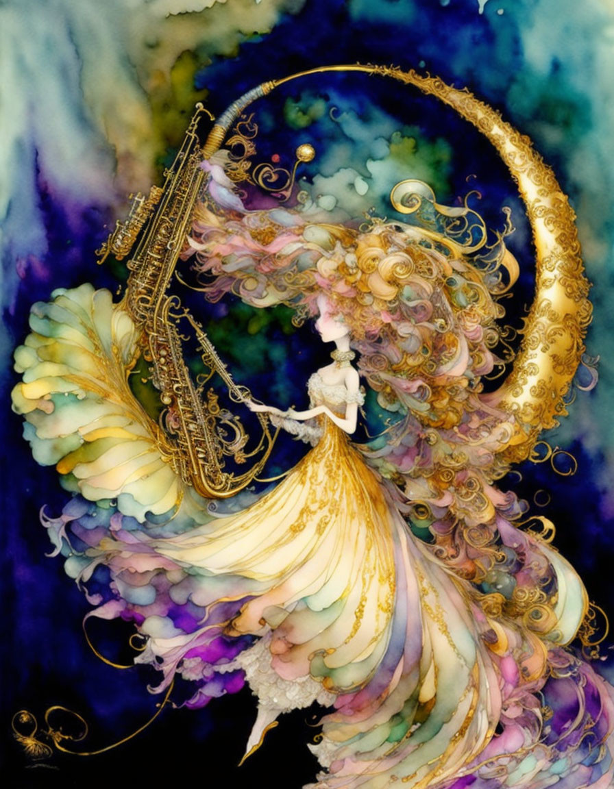 Ethereal figure in golden gown surrounded by pastel swirls