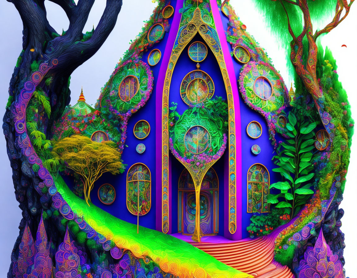 Colorful illustration of intricate treehouse with circular windows in lush, fantastical setting.