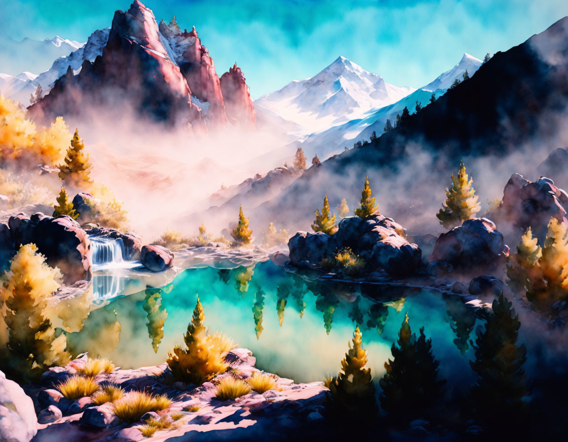 Tranquil mountain landscape with mist, pine trees, turquoise lake, snow-capped peak