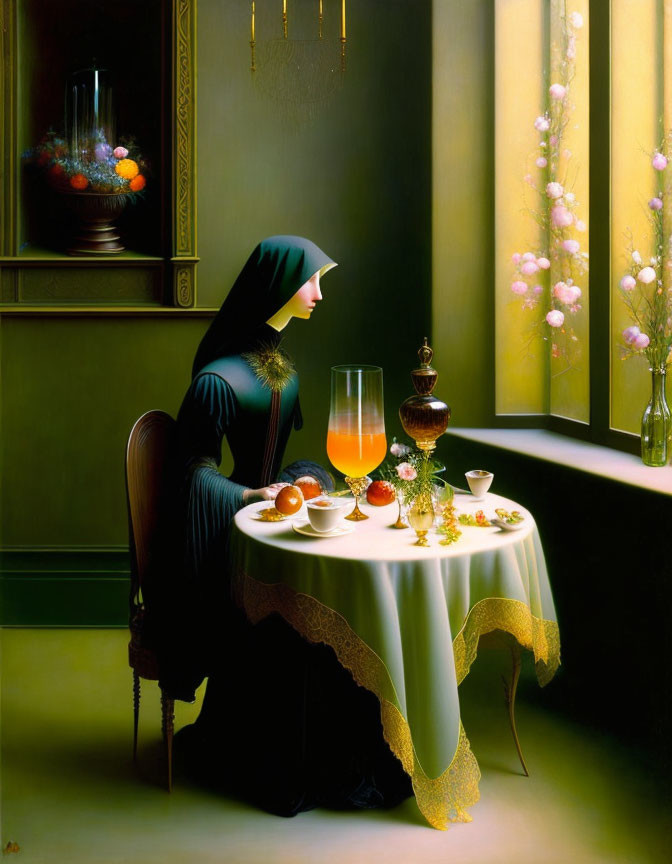 Nun in habit at table with fruit and beverage by sunny window