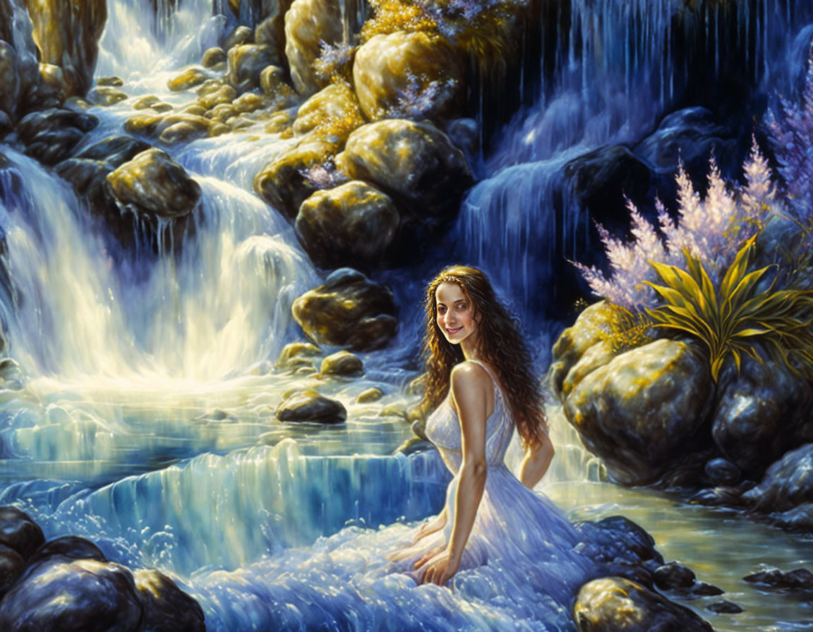 Woman in White Dress by Fantastical Waterfall with Vibrant Flora