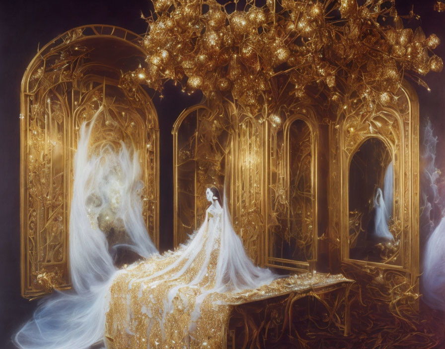 Golden ornate mirror reflects woman in white dress with ghostly aura