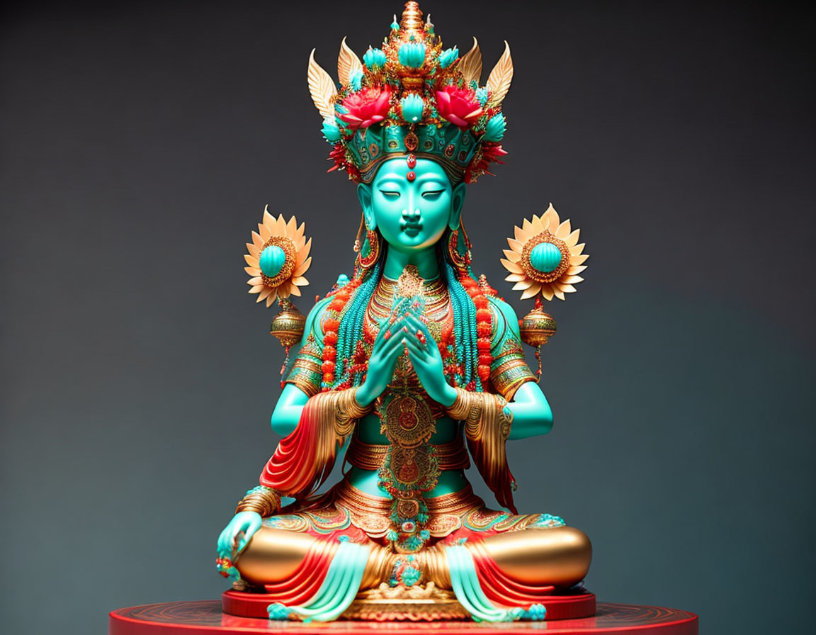 Colorful Ornate Deity Statue with Multiple Arms and Intricate Jewelry