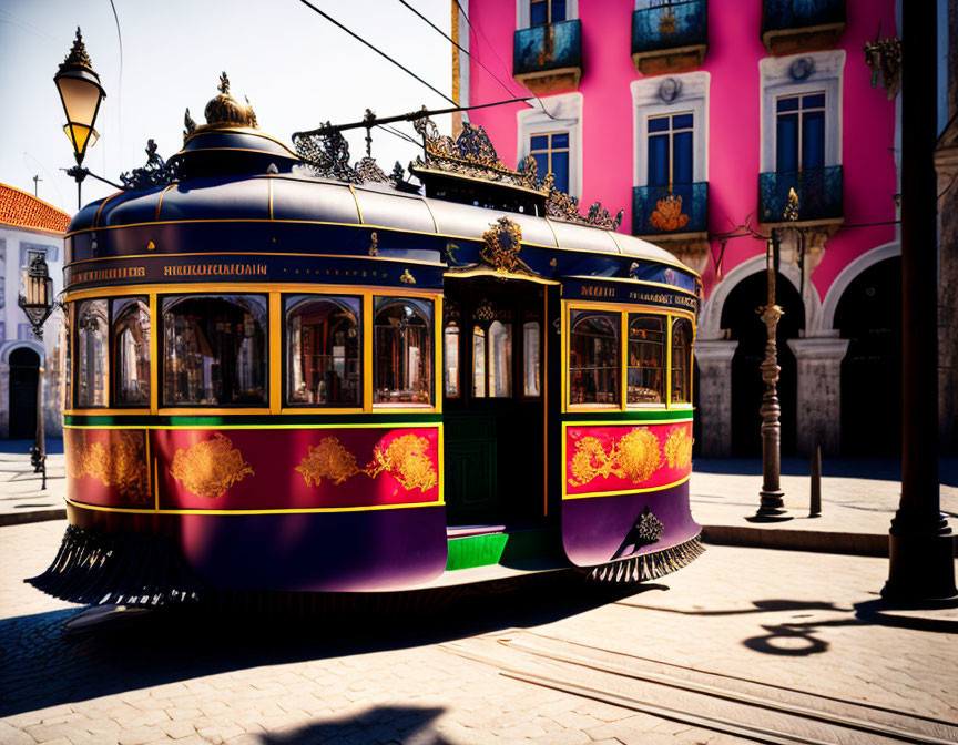 Vintage Tram with Gold and Purple Detailing in Bright Sunlight