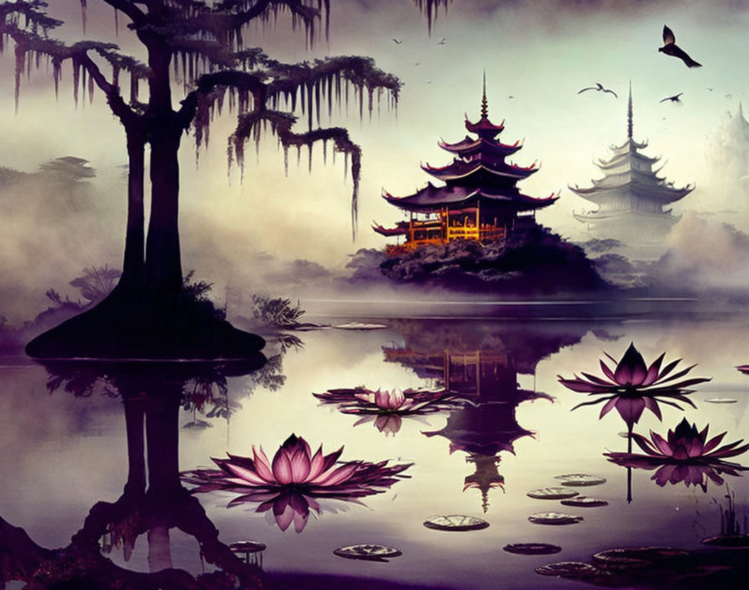 Traditional Asian pagodas in misty waters with lotus flowers and silhouetted trees.