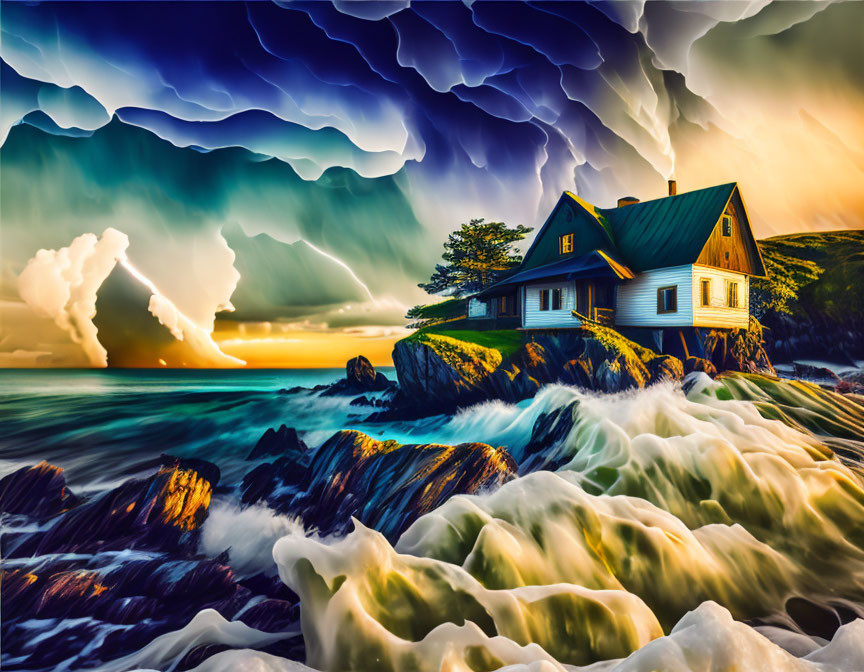 Stormy seascape with house on rocky shore and lightning bolt