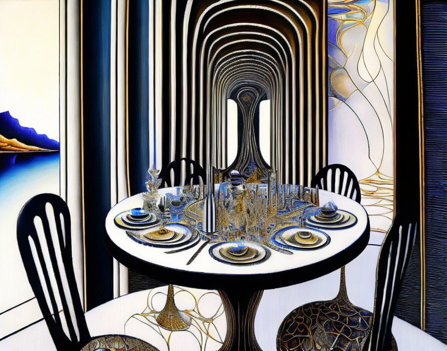 Curved Striped Walls Dining Room with Round Table & Ornate Chairs