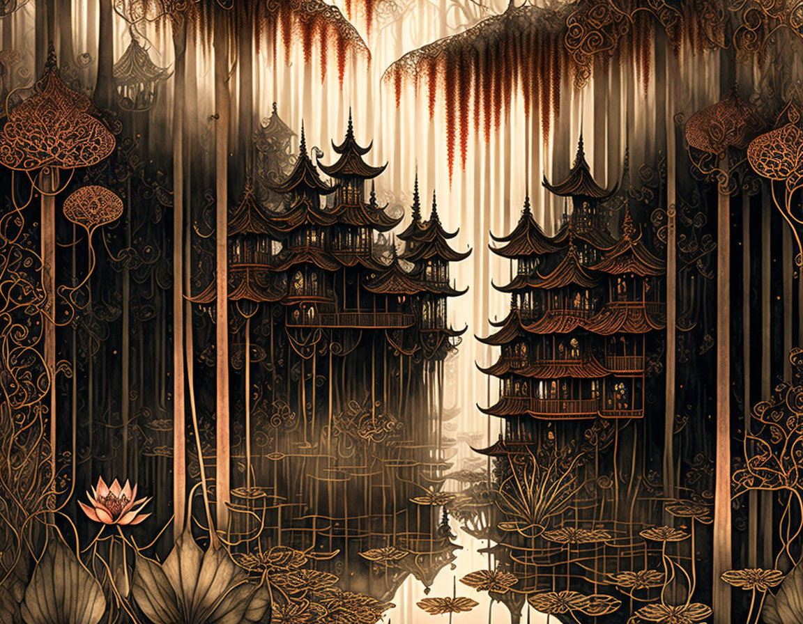 Detailed Asian forest scene with pagodas, mist, vines, and lotus flowers