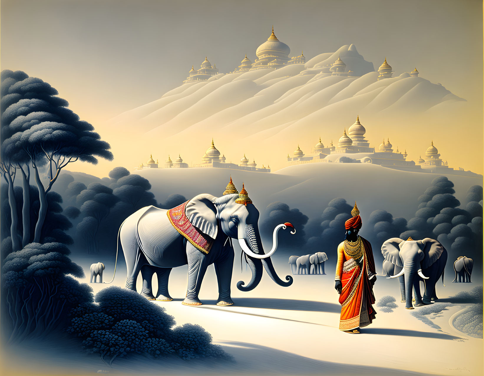 Surreal illustration of adorned elephant with traditional figure and stylized landscape