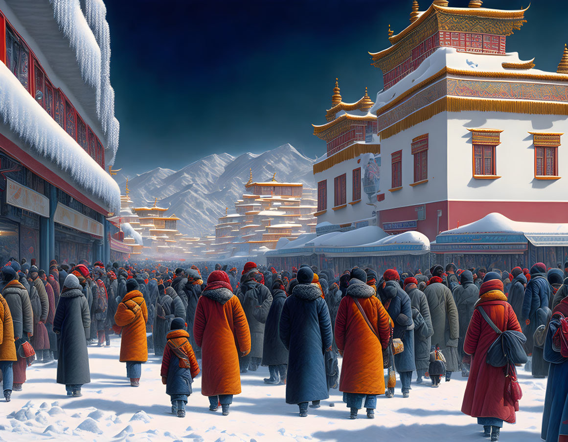 Crowd in winter clothing near Tibetan-style temples with snowy mountains.