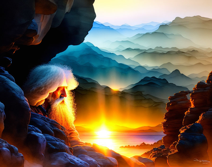 Silhouetted bearded figure in cave opening overlooking serene mountain landscape at sunset