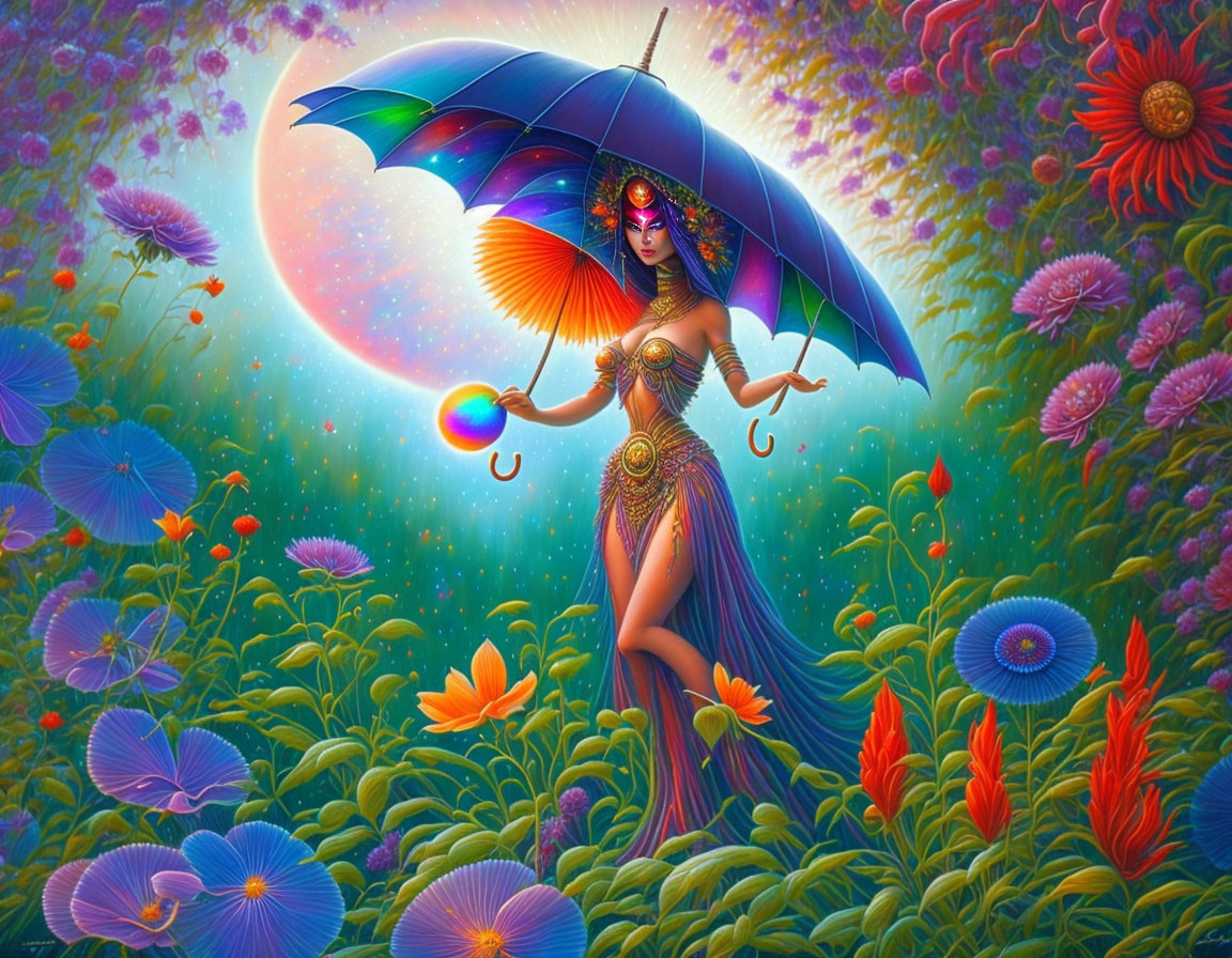 Colorful artwork of woman with umbrella in mystical garden