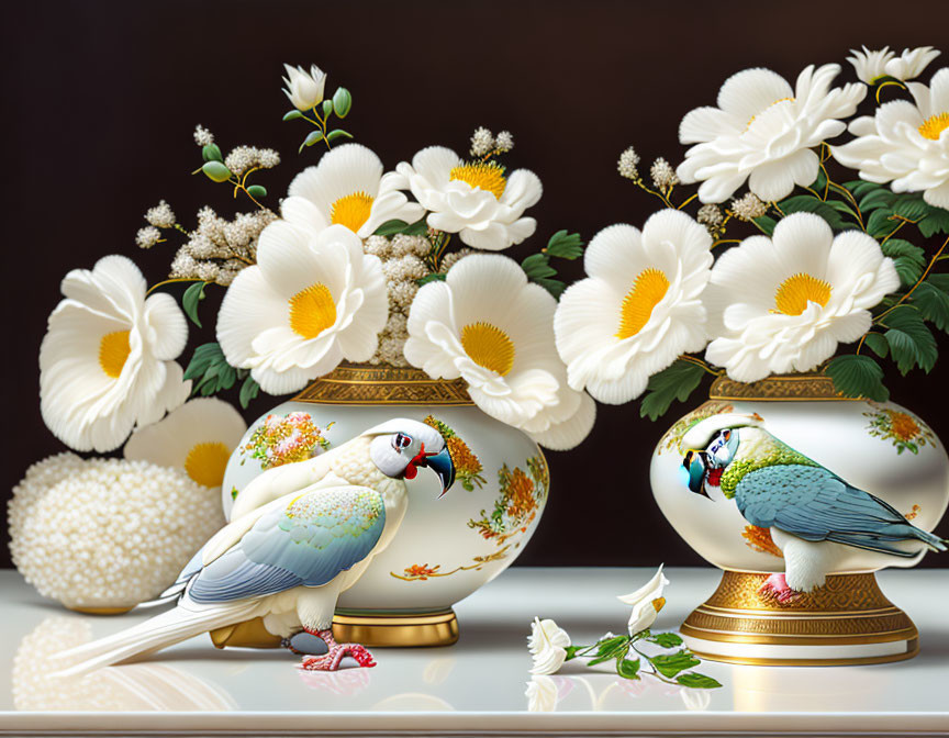 Colorful Parakeets Artwork with Blooming Flowers and Vases