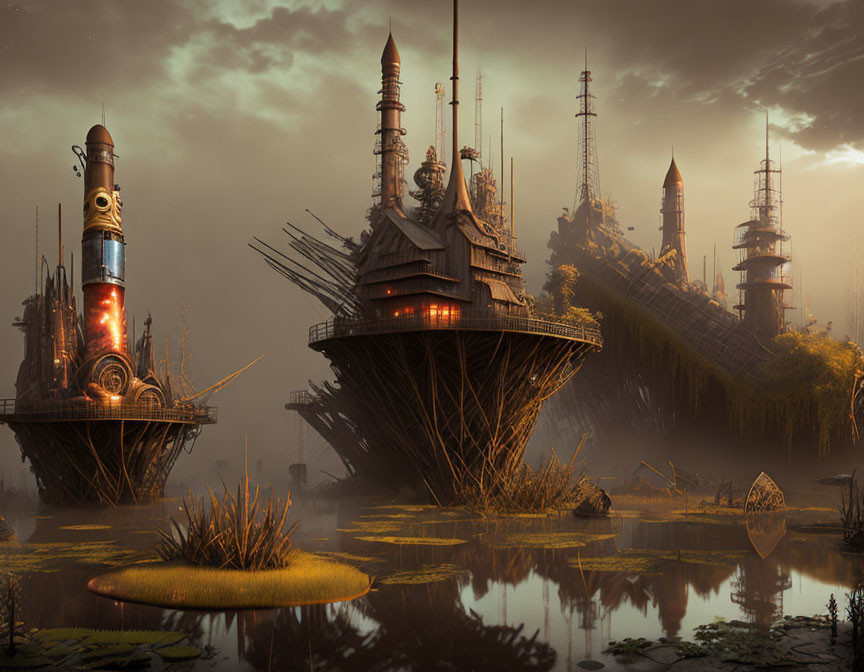 Towering wooden structures in futuristic swamp settlement