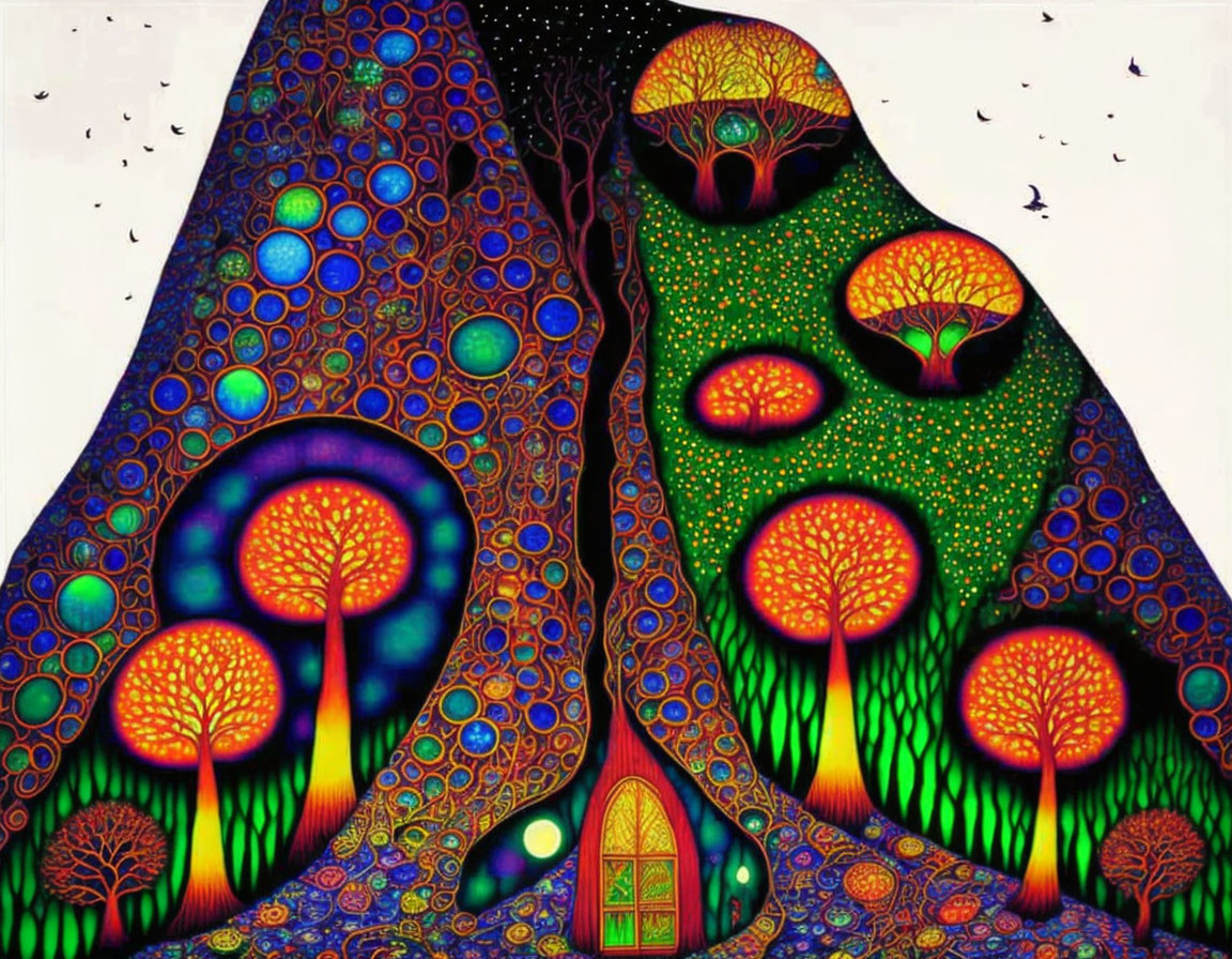 Colorful Psychedelic Hill with Trees, Door, and Birds in Starry Sky