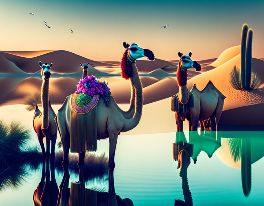 Ornate saddled camels at oasis with palm trees and dunes, twilight sky and birds