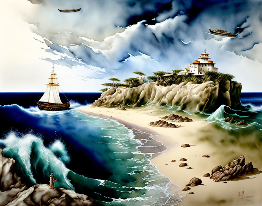 Seascape artwork: Cliffside villa, boats, dynamic sky