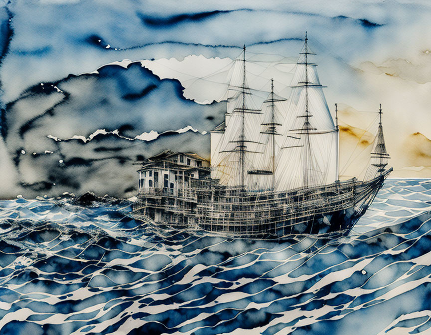 Vintage ship watercolor painting: turbulent blue waves, whitecaps, cloudy sky.