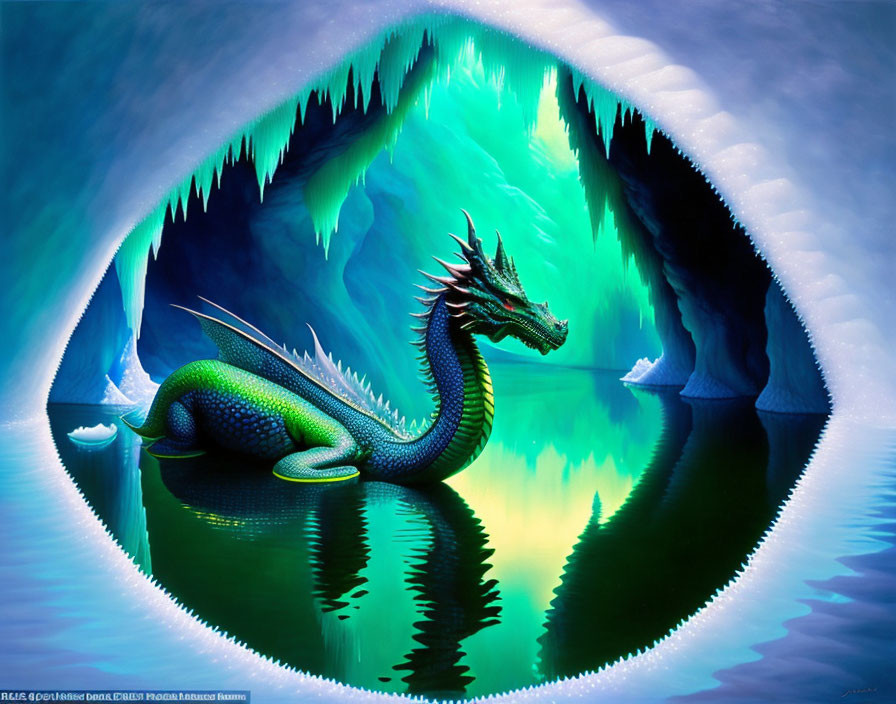 Blue-green dragon in vibrant icy cave with green lake and icy formations