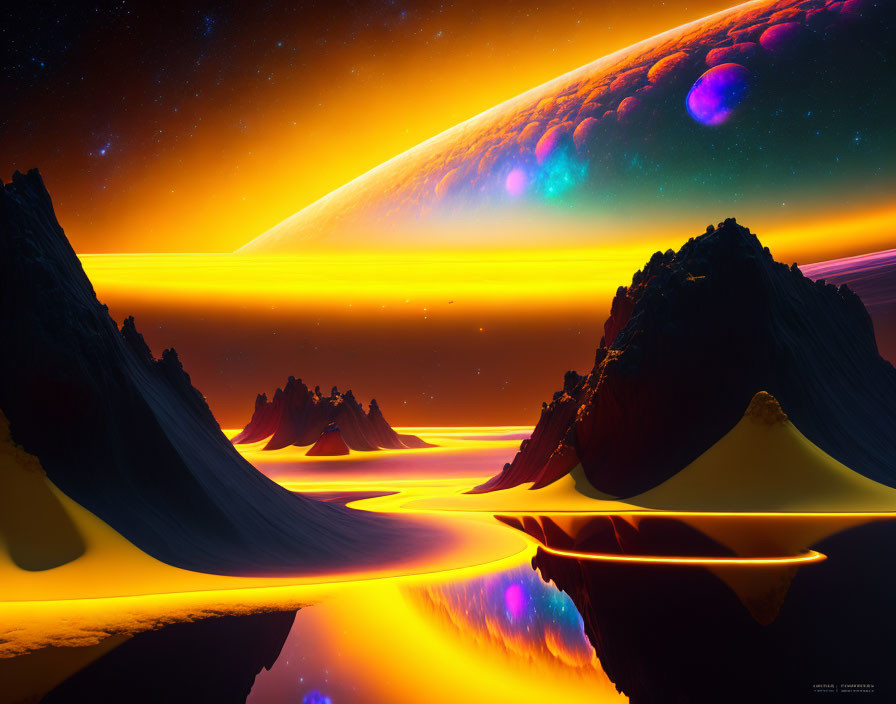 Vibrant sci-fi landscape with mountains and glowing lava rivers