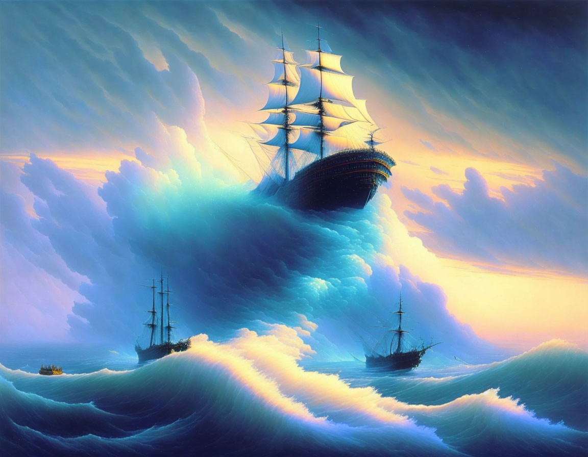 Surreal painting: tall ships on towering waves under dramatic sky