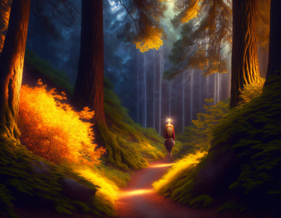 Solitary figure walking on forest path in golden sunlight