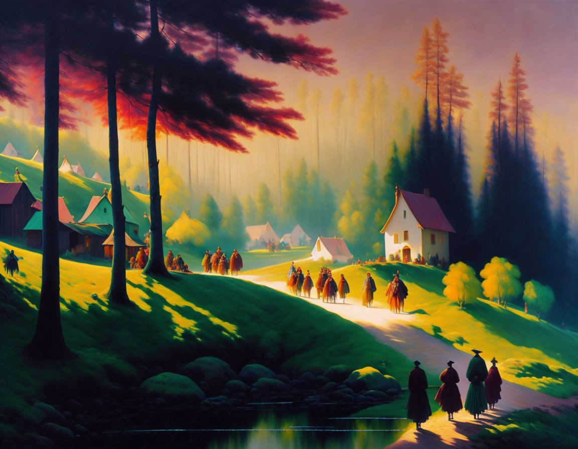 Colorful landscape with stylized trees, sunlight, houses, and people by river.