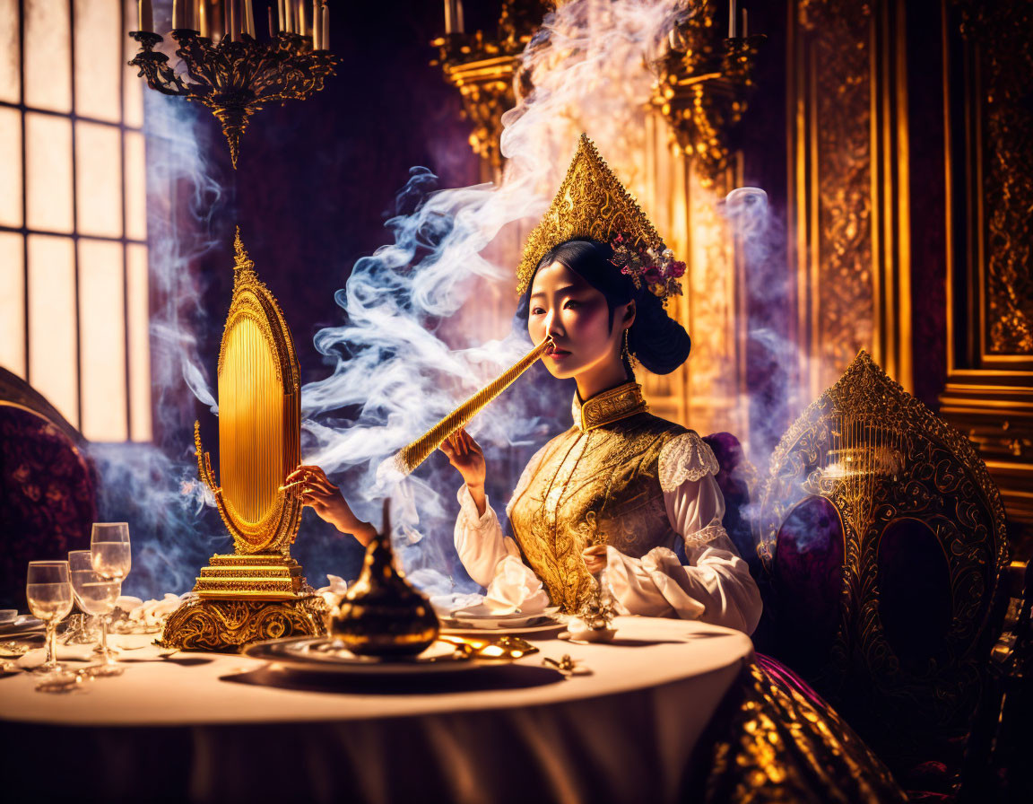 Historically dressed woman smoking pipe at ornate table near gilded mirror