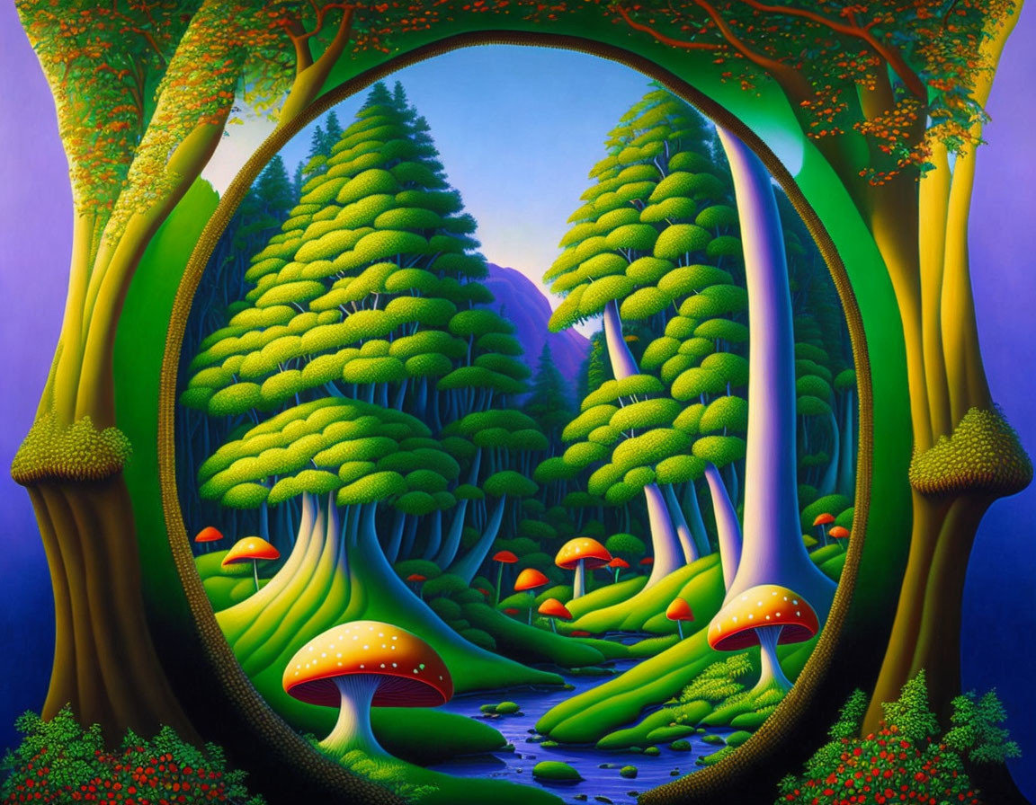 Surreal landscape with oversized mushroom-shaped trees and red-capped mushrooms