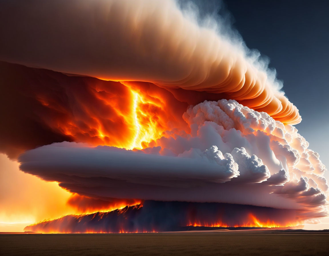 Dramatic supercell thunderstorm with fiery sunset colors over vast plain