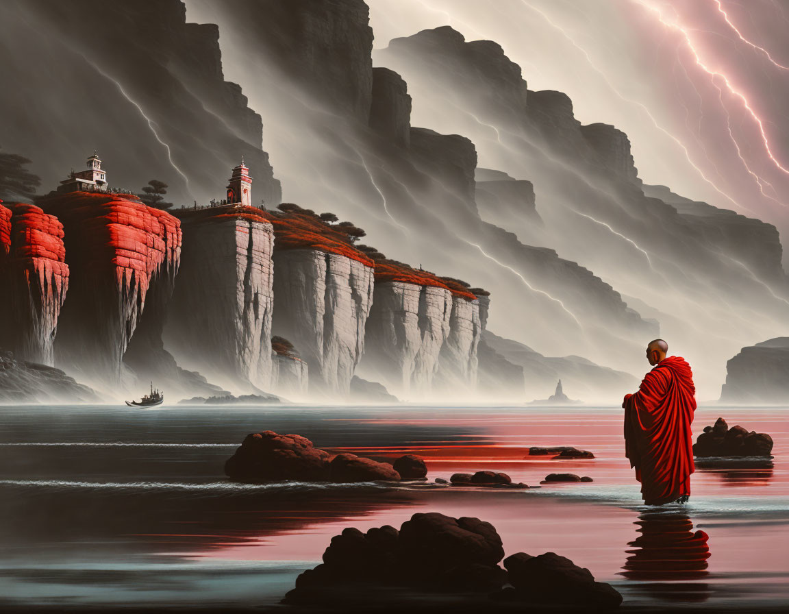 Robed Figure Observing Red-Tinted Landscape with Lightning