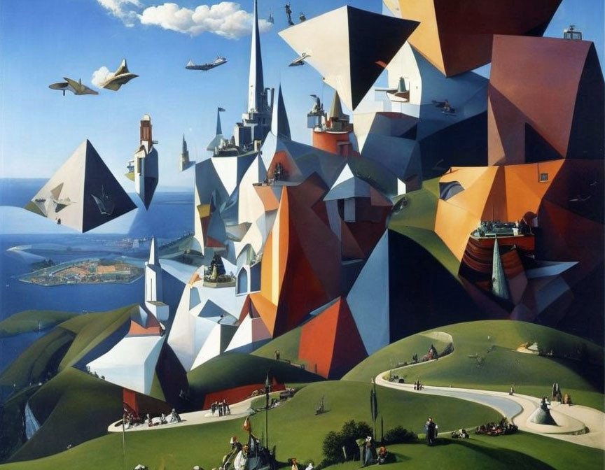 Surreal landscape with geometric shapes, people in park, ships, and aircraft by the coast