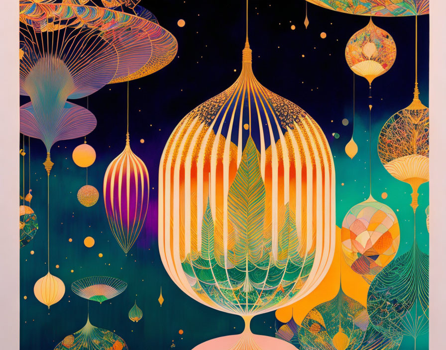 Colorful Birdcage Motif with Geometrical Shapes on Cosmic Background