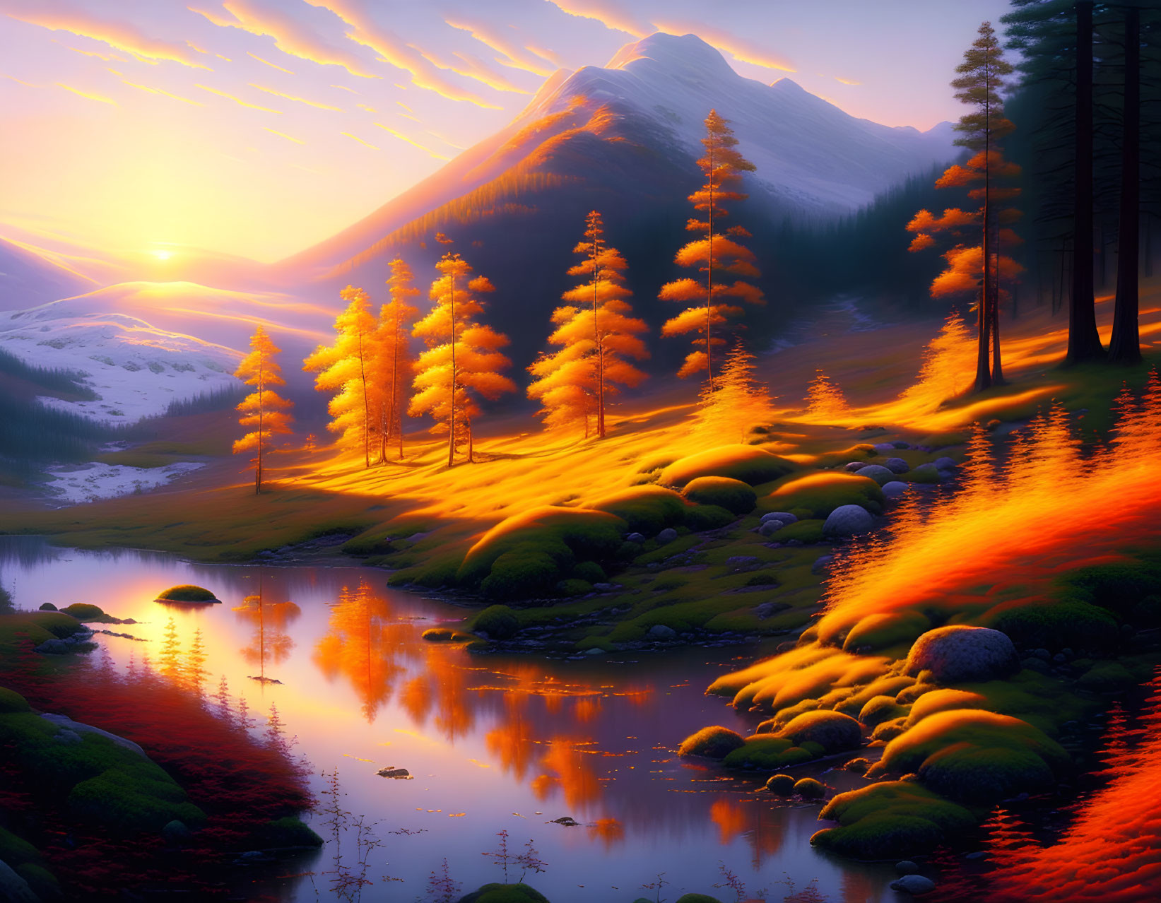 Scenic sunset over mountain, lake, and golden trees