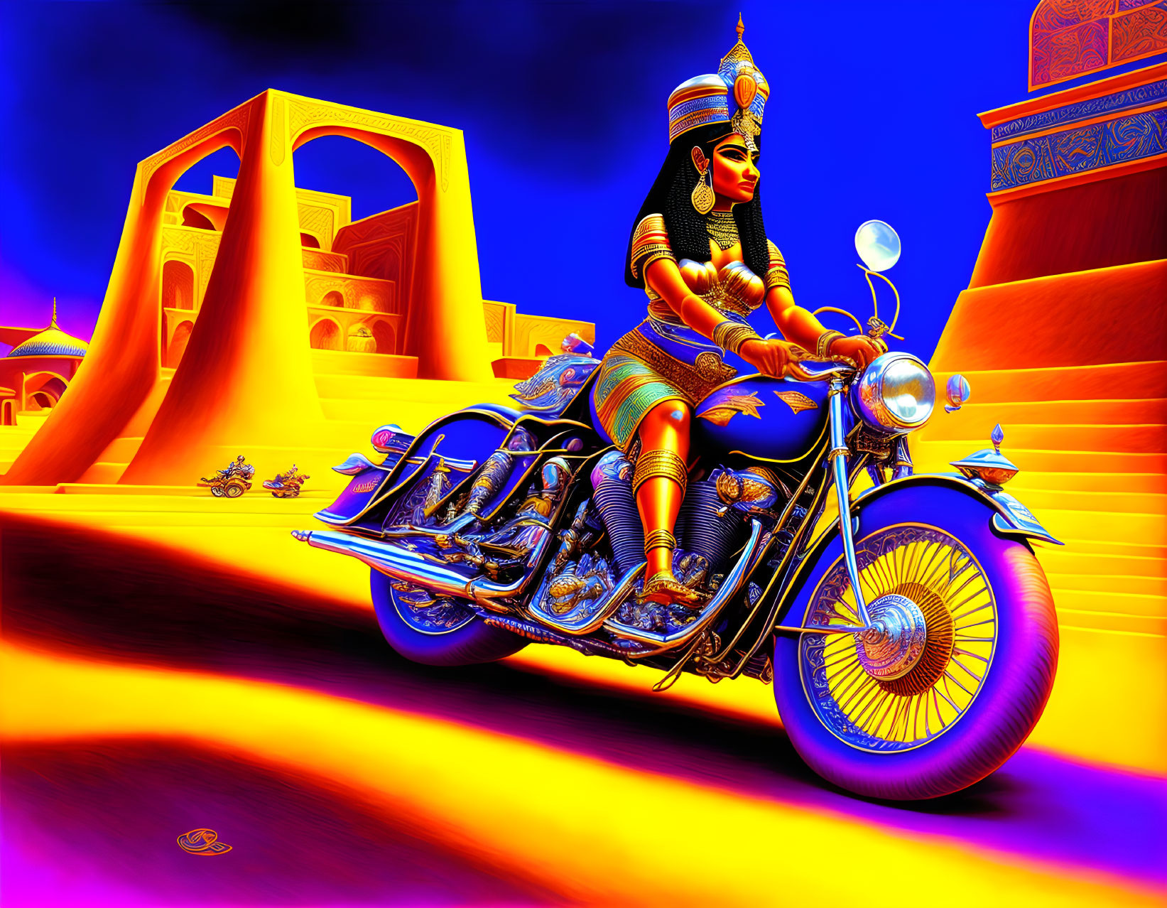 Colorful Egyptian-themed character riding ornate motorcycle in psychedelic desert cityscape