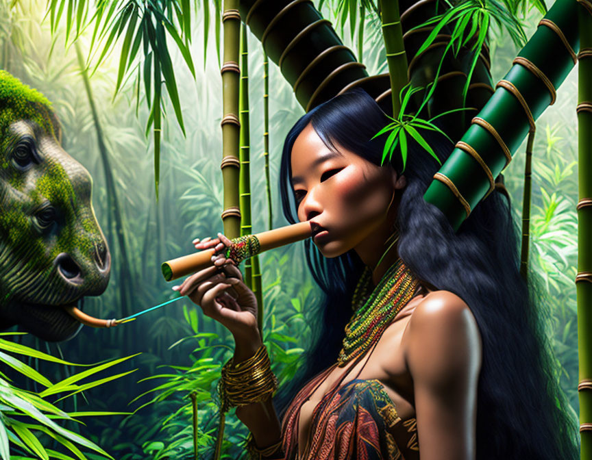 Woman in bamboo headgear plays flute with dinosaur in lush jungle