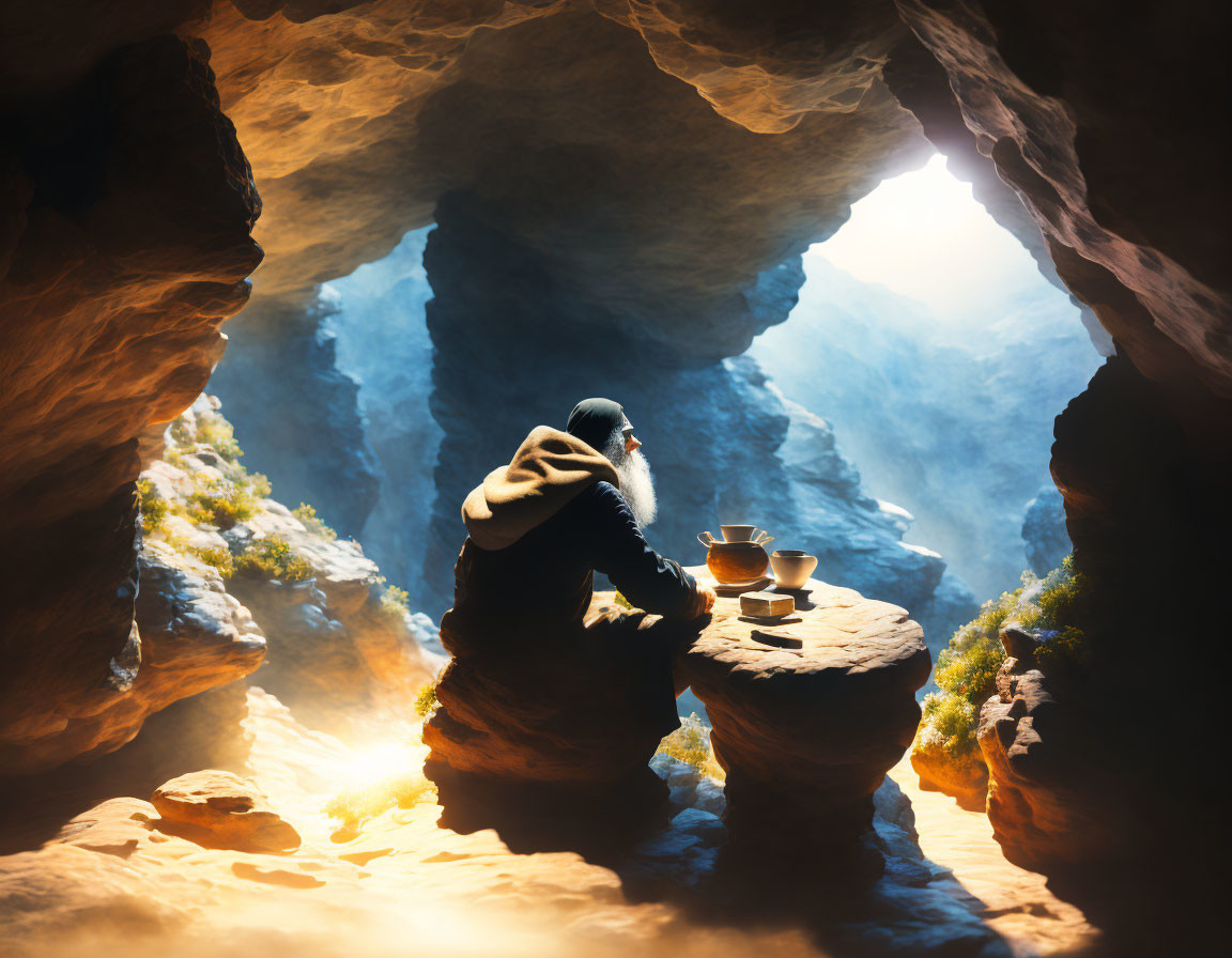 Person enjoying warm beverage in cave with natural light