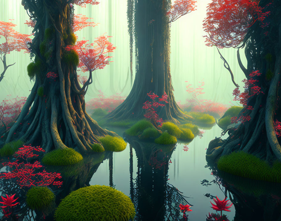 Mystical forest with towering trees and serene waterway