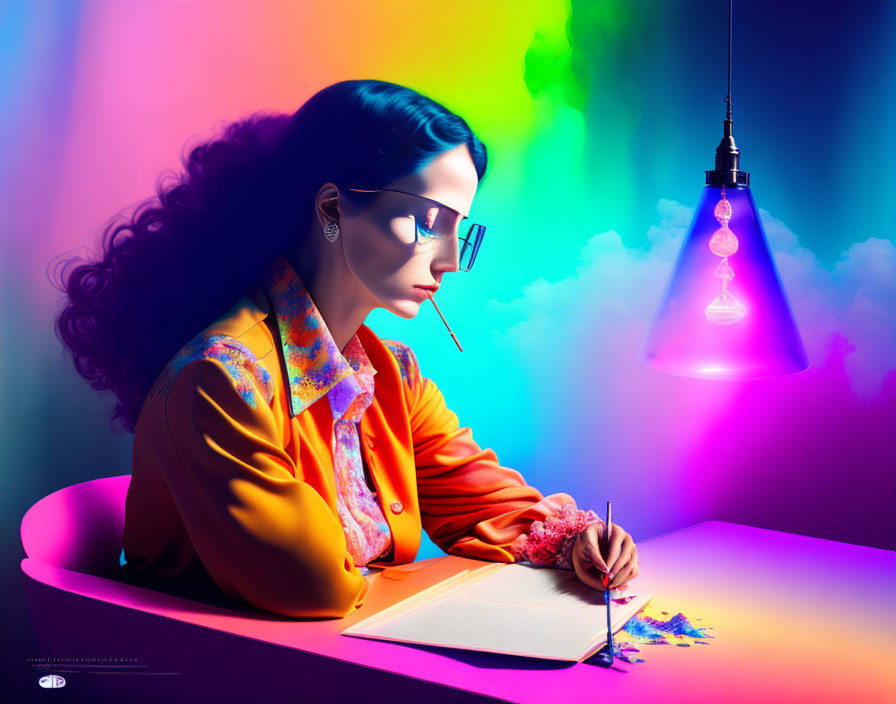 Woman in vibrant attire writing under whimsical lamp surrounded by radiant colors