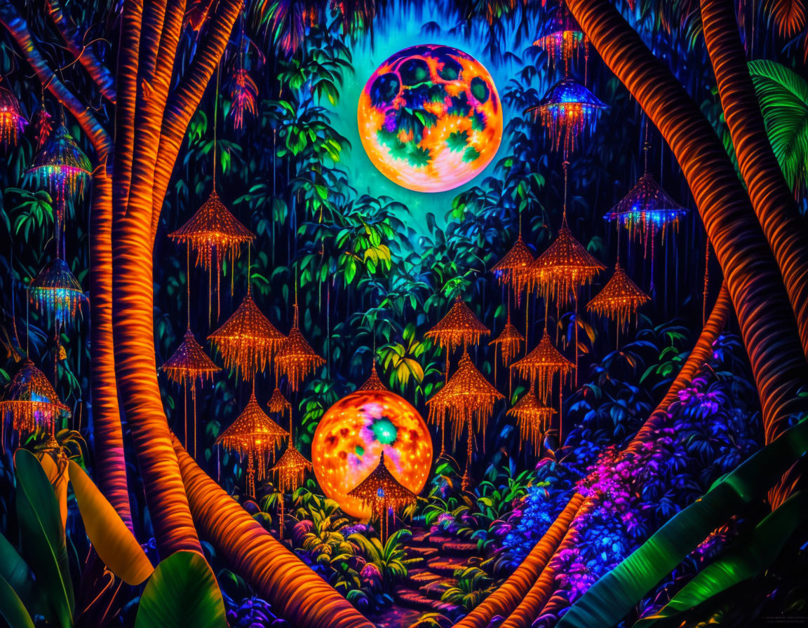 Psychedelic jungle scene with glowing orbs, illuminated mushrooms, and luminous full moon.