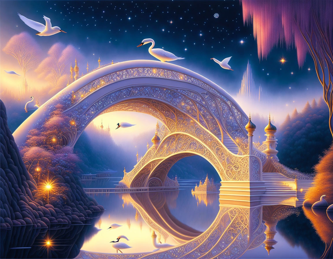 Ornate bridge over calm water at twilight with swans, lanterns, starry sky,