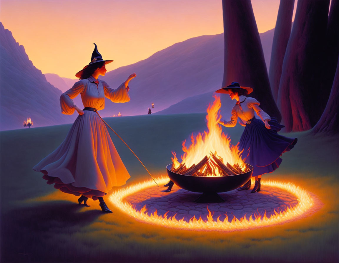 Witches performing ritual with cauldron in twilight forest.